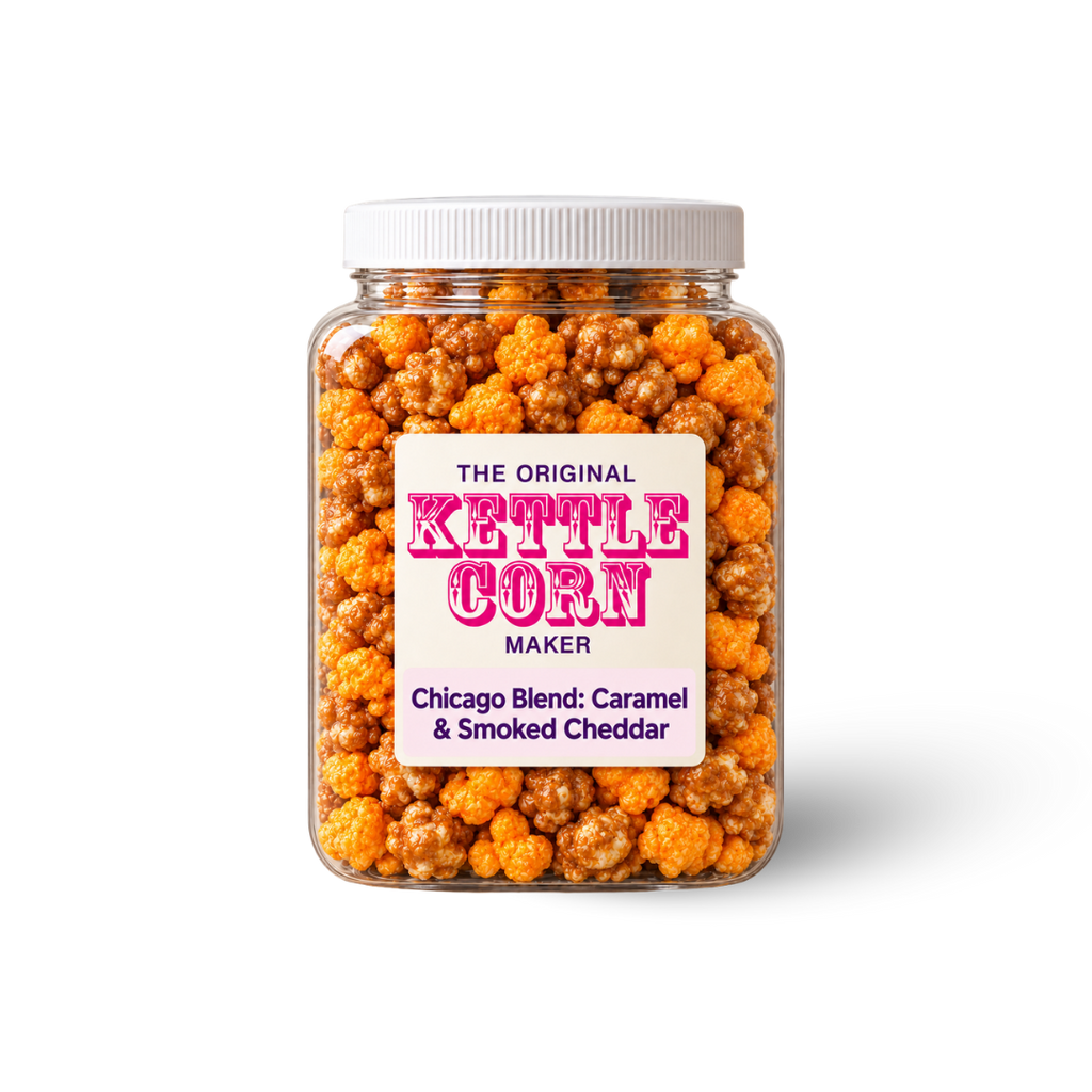 Chicago Blend — Caramel & Smoked Cheddar one-gallon kettle corn jar