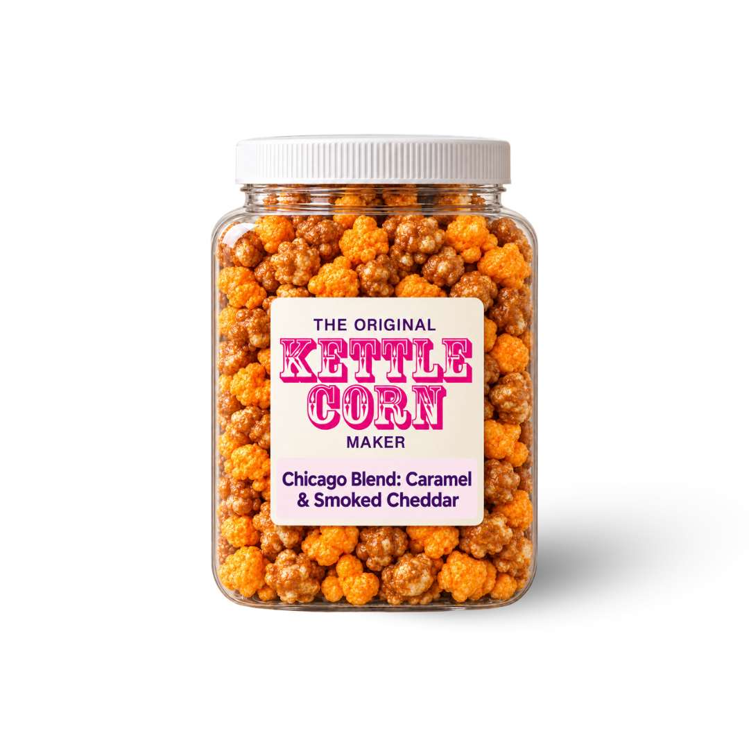 Chicago Blend — Caramel & Smoked Cheddar one-gallon kettle corn jar