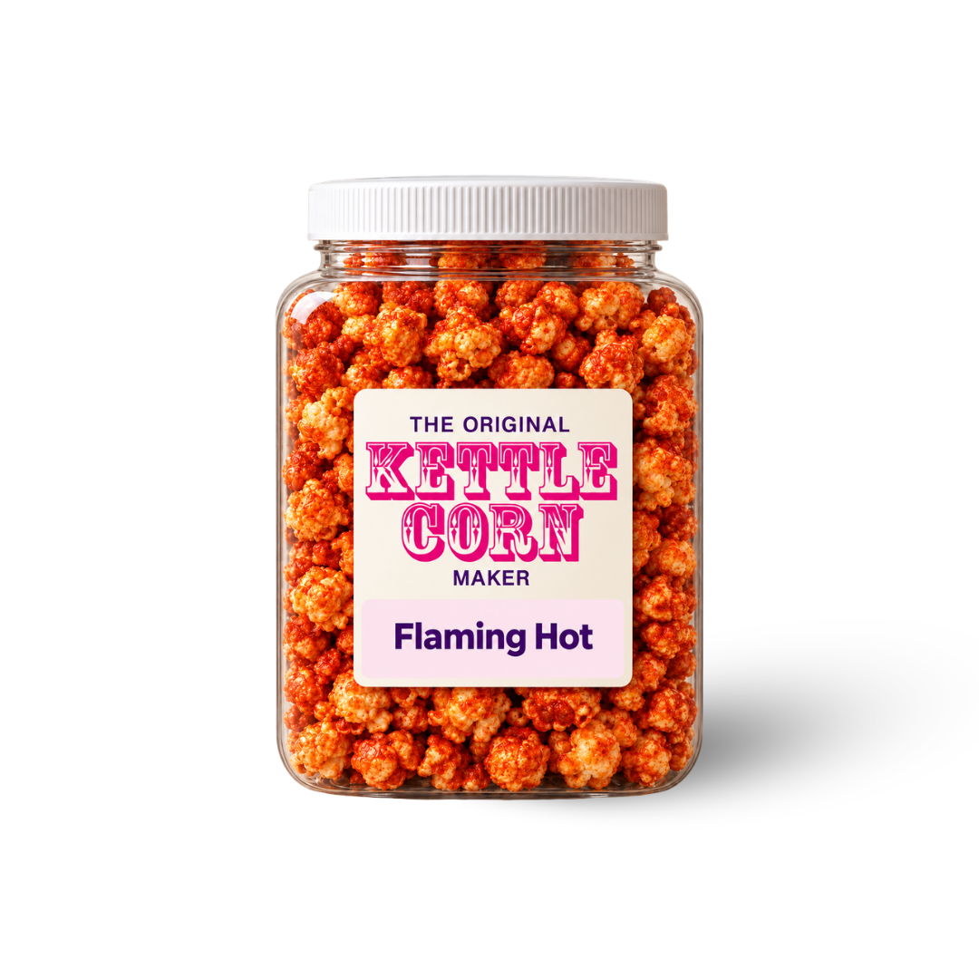 Flaming Hot one-gallon kettle corn jar