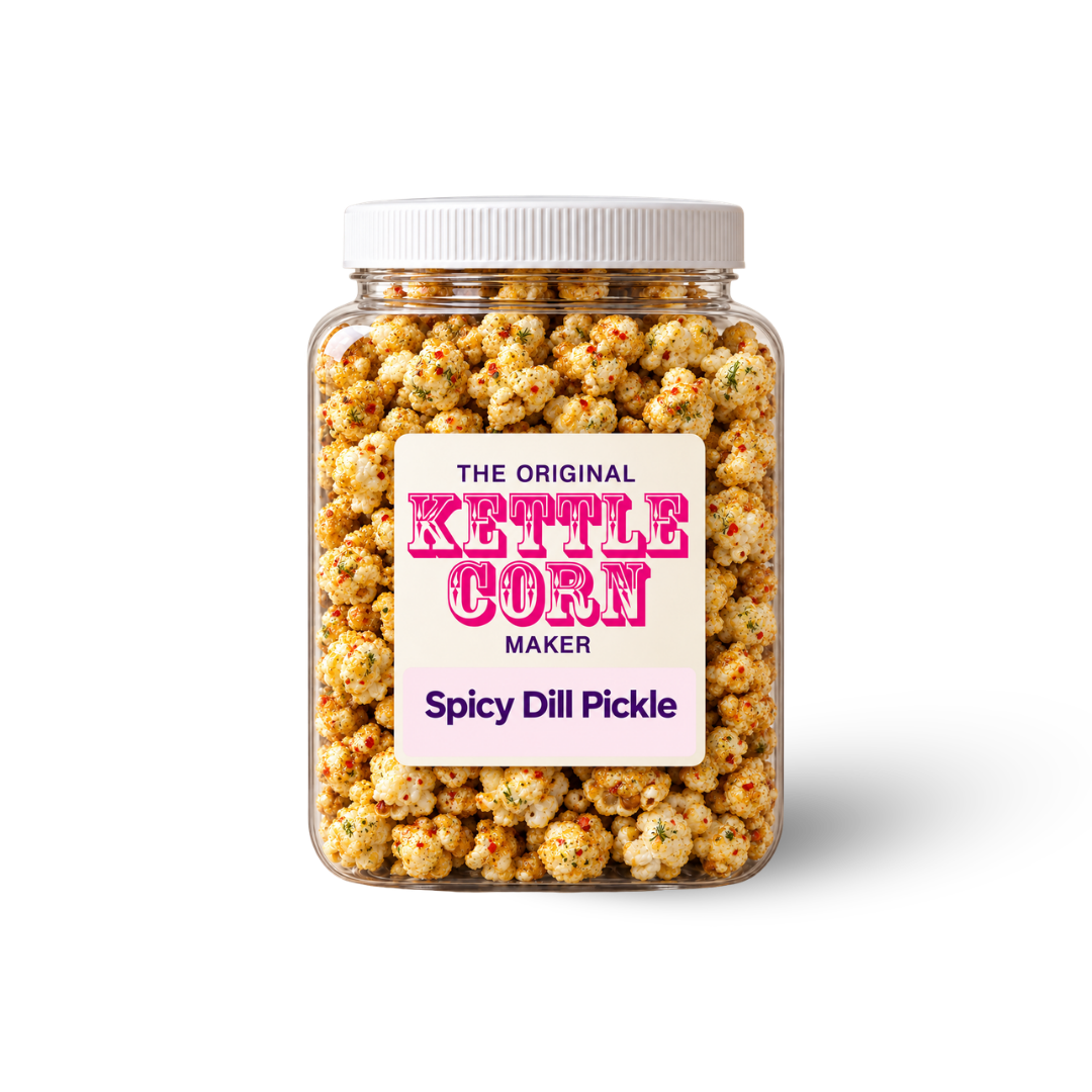 Spicy Dill Pickle one-gallon kettle corn jar