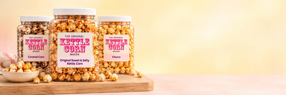 Three one-gallon jars of The Original Kettle Corn Maker popcorn: Caramel Corn, Original Sweet & Salty and Churro