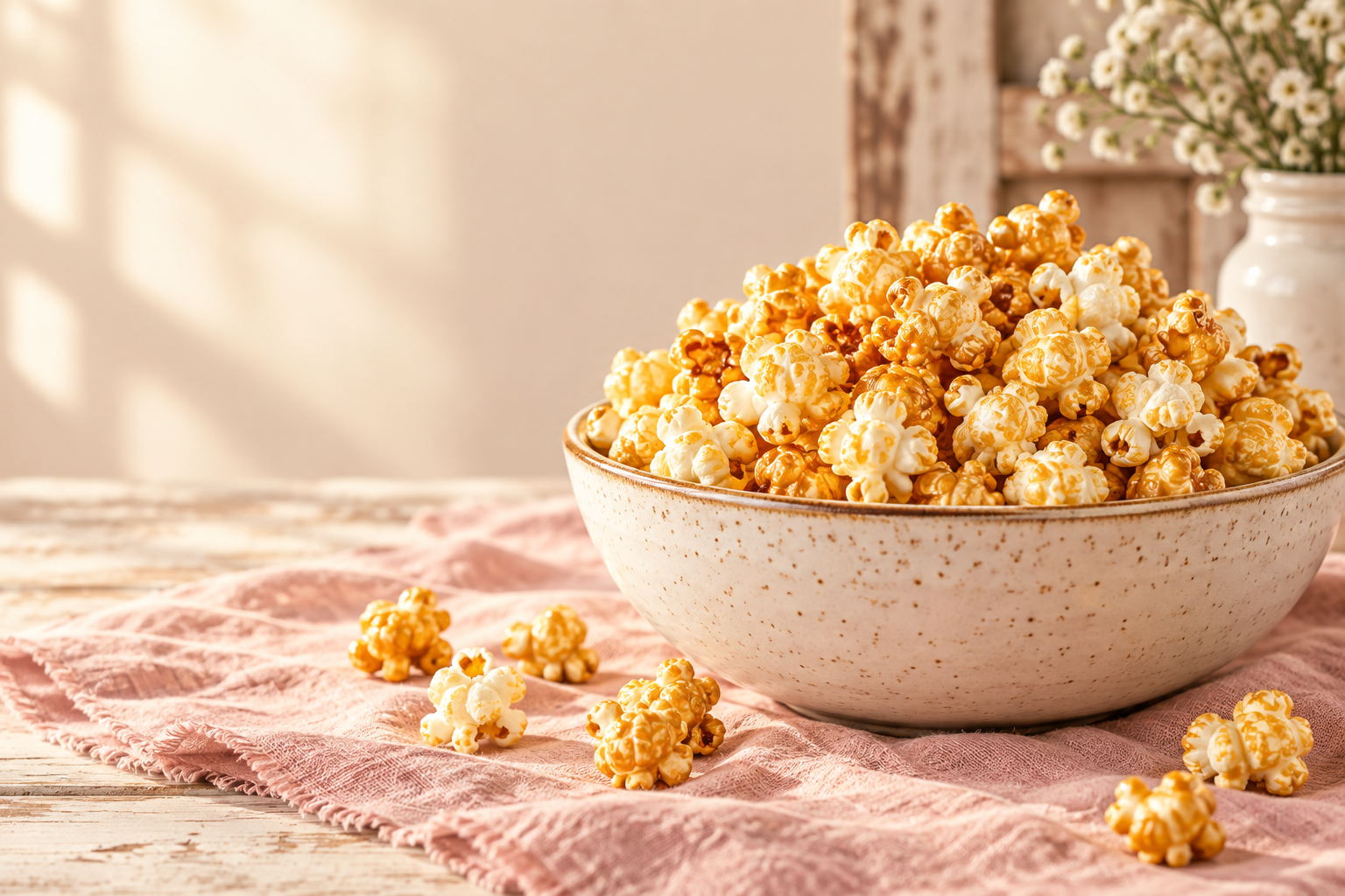 Golden kettle corn in a ceramic bowl on a pink linen cloth